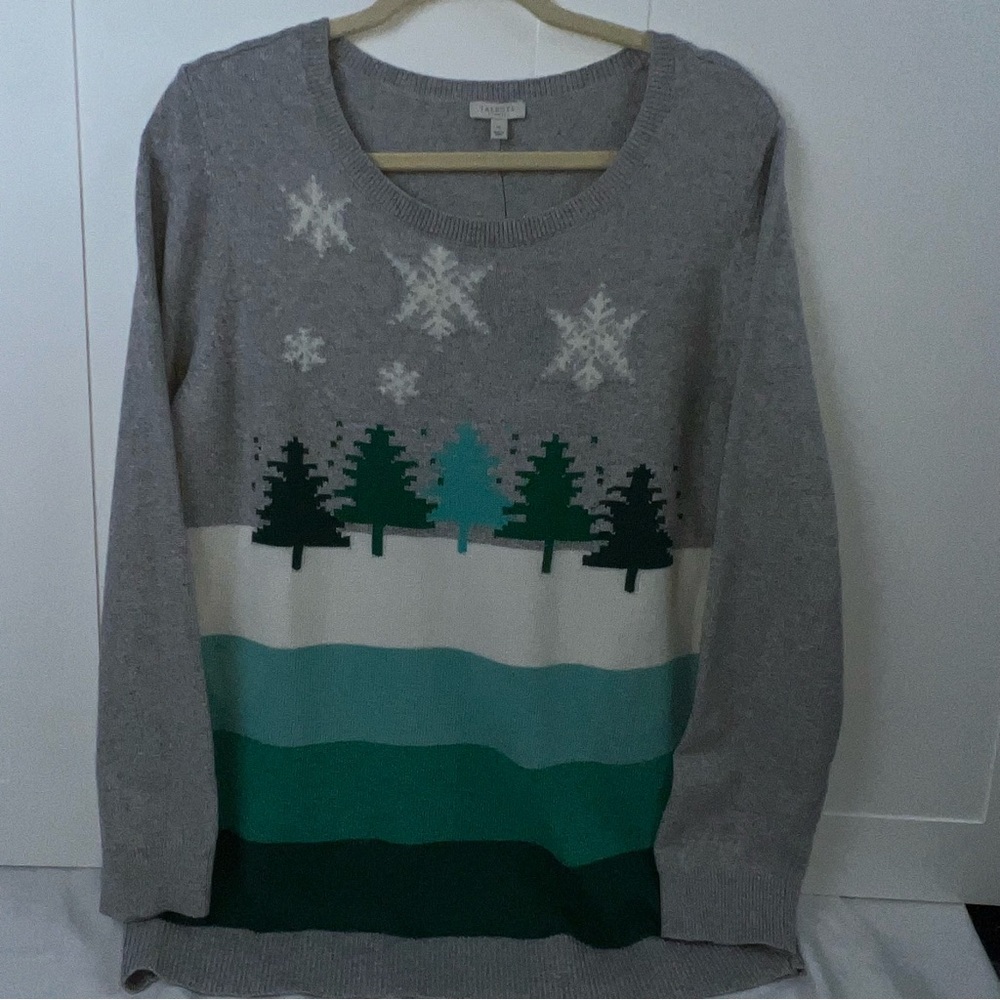 Talbots NWT Gray and Teal Sweater with Snowflake and Tree Design Women’s 1X